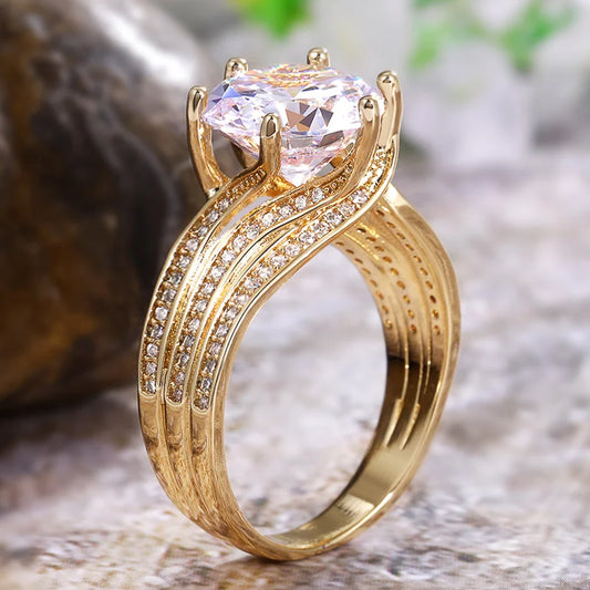 Huitan 12MM Solitaire CZ Gold Ring – Elegant Bridal & Engagement Jewelry™