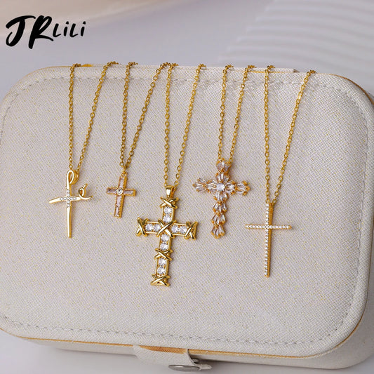 Zircon Cross Pendant Necklace – Gold Stainless Steel, Trendy Gothic Jewelry 2025™