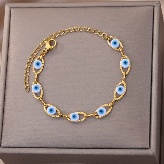 Rainbow Evil Eye Charm Bracelet – Gold Stainless Steel Turkish Gothic Jewelry™