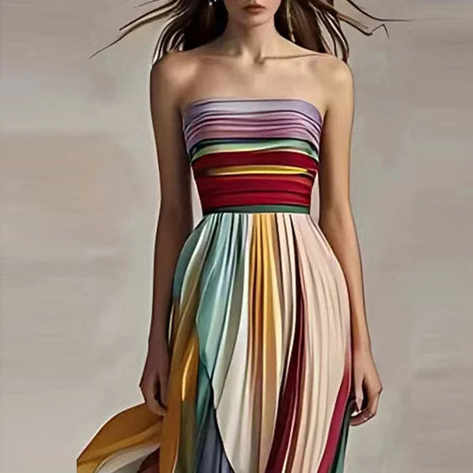 Elegant Off-Shoulder Striped Maxi Dress – Sleeveless Party Wear™