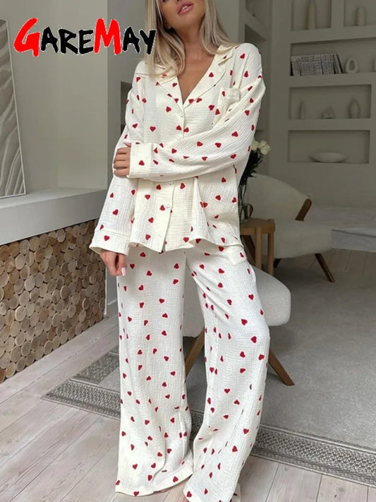 Chic Spring 2025 Oversized Pantsuit for Women – Romantic Heart Detail, V-Neck Top & Flowing Cotton Trousers™