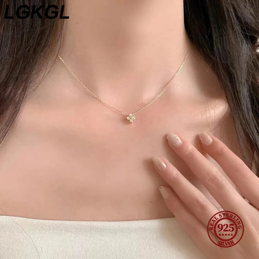 LGKGL S925 Sterling Silver 18K Gold-Plated Zircon Clover Necklace – Elegant & Versatile Collar Chain™