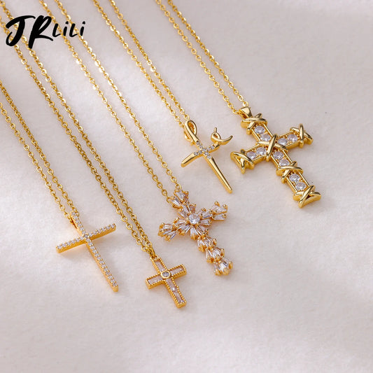 Zircon Cross Pendant Necklace – Gold Stainless Steel, Trendy Gothic Jewelry 2025™
