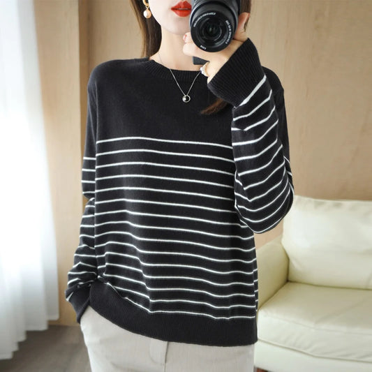 100% Cotton Striped Knit Sweater – Loose Fit, Round Neck, Long Sleeve™
