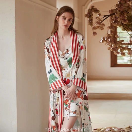 Women's Ice Silk Christmas Dog Pajamas – Lightweight Long Sleeve Nightgown Robe™