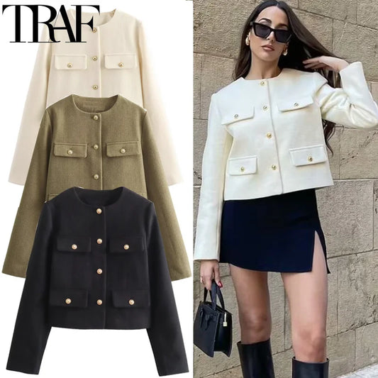 TRAF Women's Cropped Jacket – Elegant Button-Up Short Coat for Autumn & Winter™