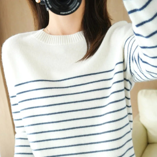 100% Cotton Striped Knit Sweater – Loose Fit, Round Neck, Long Sleeve™