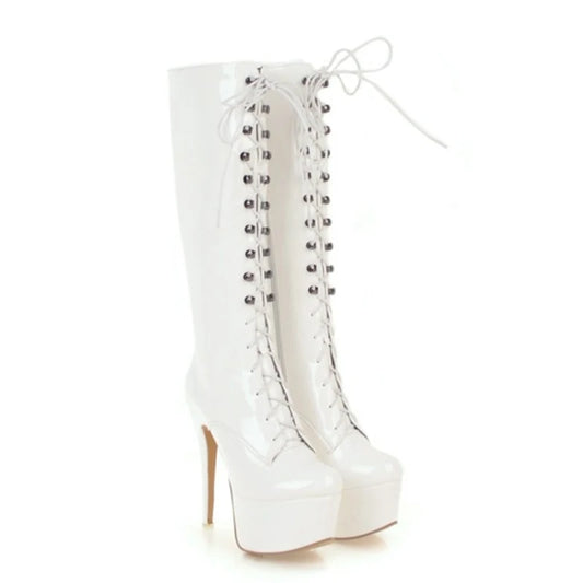 White Knee-High Platform Boots – Lace-Up High Heels, Winter Style™