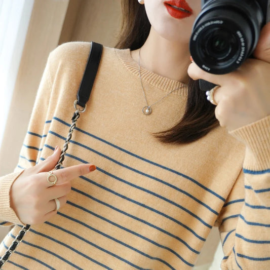 100% Cotton Striped Knit Sweater – Loose Fit, Round Neck, Long Sleeve™