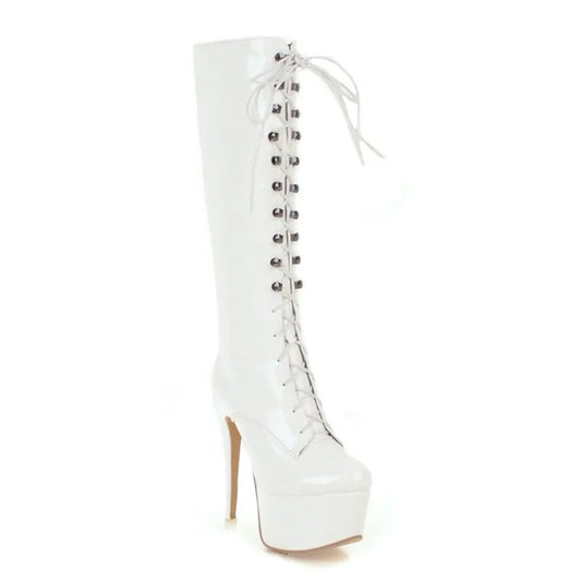 White Knee-High Platform Boots – Lace-Up High Heels, Winter Style™