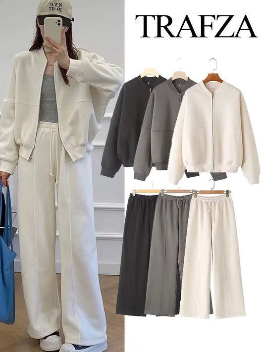 TRAFZA Women's 2-Piece Retro Bomber Tracksuit – Zip-Up Jacket & Velvet Pants™