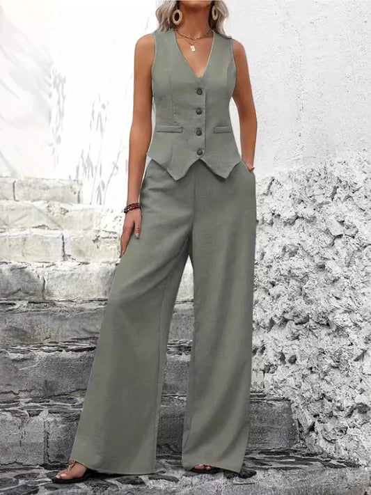 Elegant Women's Two-Piece Set – Sleeveless Vest & Wide-Leg Pants™