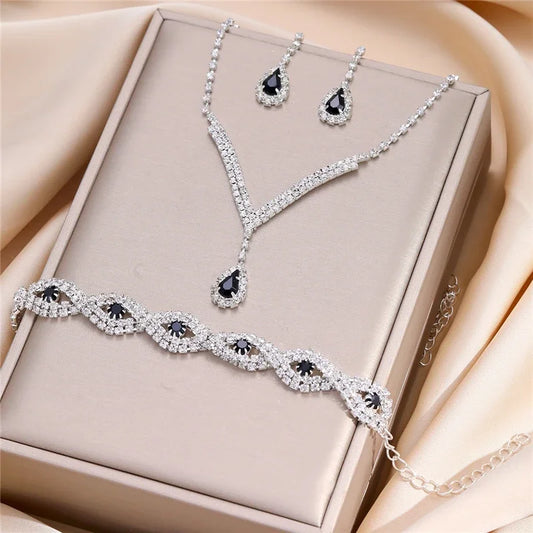 3PCS Luxury Black Crystal Bridal Jewelry Set – Earrings, V Necklace & Bracelet™