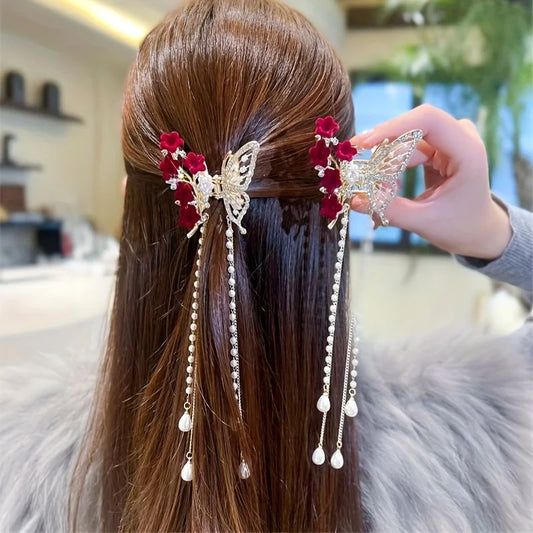 Faux Pearl Tassel Hair Claw Clip – Red Rose Metal Jaw Clip™