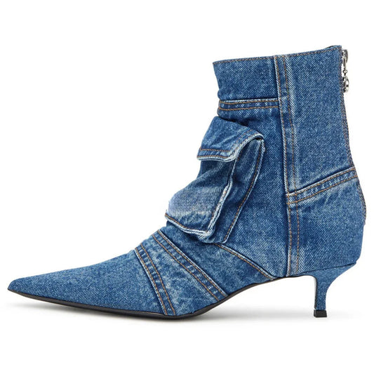 Denim Pocket Ankle Boots for Women – Pointed Toe, Low Heel, Rear Zipper™