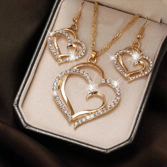 Eternal Love 3-Piece Jewelry Set: Exquisite Double Heart Rhinestone Earrings & Pendant Necklace for Women™