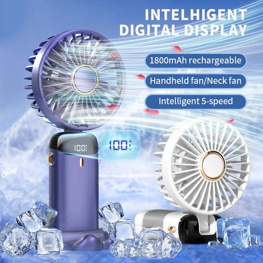 Foldable Mini Neck Fan – USB Rechargeable, 5-Speed with Screen & Phone Stand™