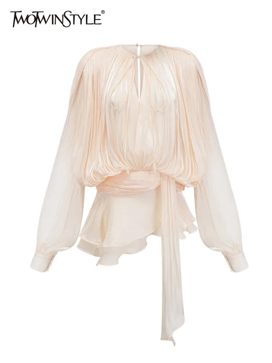 TWOTWINSTYLE Ruched Mini Dress – High Waist & Lantern Sleeve Elegance™