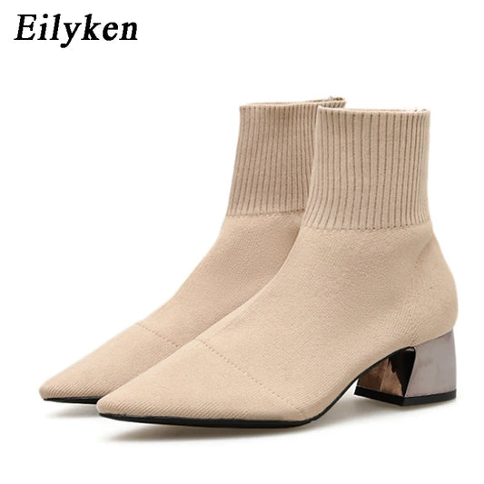 Cozy Knitted Stretch Ankle Boots – Women’s Gray Pointed Toe Short Boots for Autumn/Winter ™