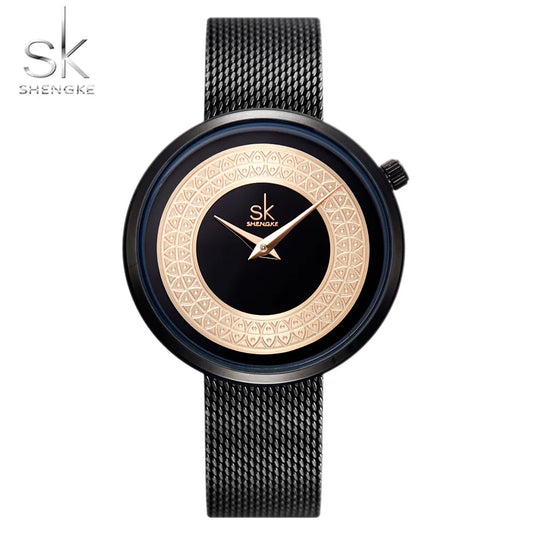 Shengke Women's Luxury Quartz Watch – Elegant Metal Mesh Strap, Classic Fashion Design, Ladies' Dress Timepiece™