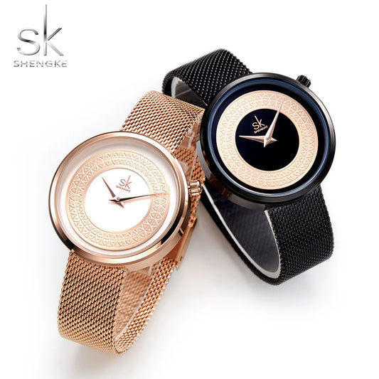 Shengke Women's Luxury Quartz Watch – Elegant Metal Mesh Strap, Classic Fashion Design, Ladies' Dress Timepiece™