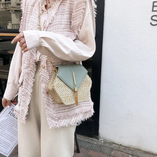 Boho Hexagon Rattan Handbag – Summer Woven Straw & Leather Shoulder Bag™