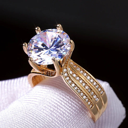 Huitan 12MM Solitaire CZ Gold Ring – Elegant Bridal & Engagement Jewelry™