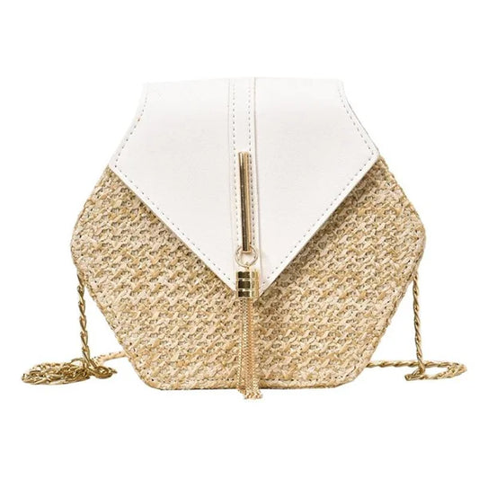 Boho Hexagon Rattan Handbag – Summer Woven Straw & Leather Shoulder Bag™