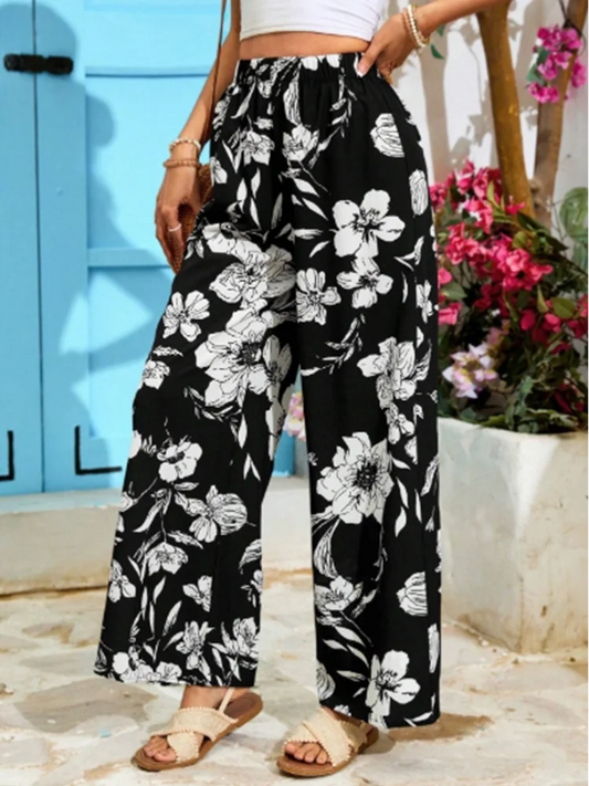 Boho Floral Lace-Up Pants – High Waist Wide Leg Street Style for Spring™