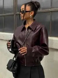 Women's Red Wine Leather Jacket – Vintage Belted Short Coat™