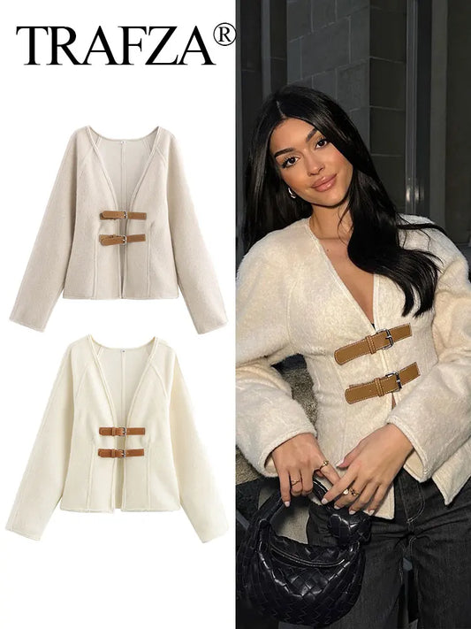 TRAFZA Women's Autumn Belted V-Neck Cardigan – Elegant Slim Fit Long Sleeve Coat™