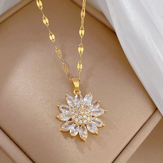 Luxury Sunflower CZ Pendant Necklace - Gold Korean Clavicle Chain with Full Zirconia, Elegant Wedding Jewelry for Women™