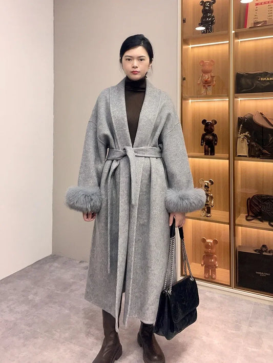Luxury Wool & Fox Fur Short Coat – Elegant Double-Sided Cashmere Jacket™