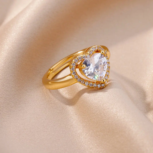 Women's Gold-Plated Heart Ring – Adjustable Stainless Steel with Zircon™