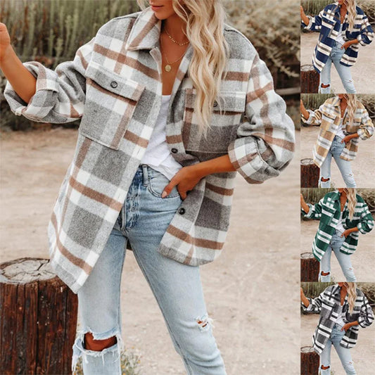 Women's Plaid Woolen Coat – Thick Long Sleeve Polo Collar Jacket™
