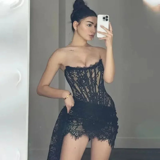 TALENZA Elegant Lace Evening Dress – Strapless, High Waist, Sheer & Slim Fit™