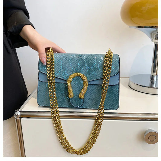 Women's Snake Print Crossbody Bag - Premium PU Leather with Chain Accent™