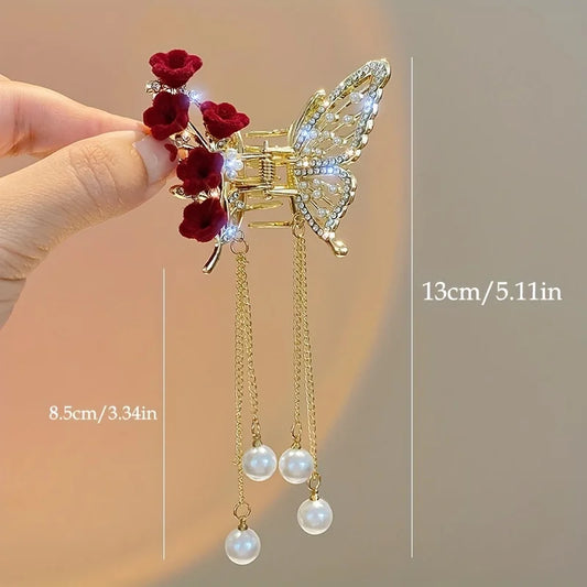 Faux Pearl Tassel Hair Claw Clip – Red Rose Metal Jaw Clip™
