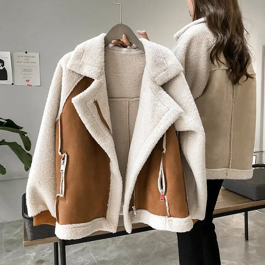 Women's Suede Lamb Wool Biker Jacket – Casual Windproof, Autumn/Winter™