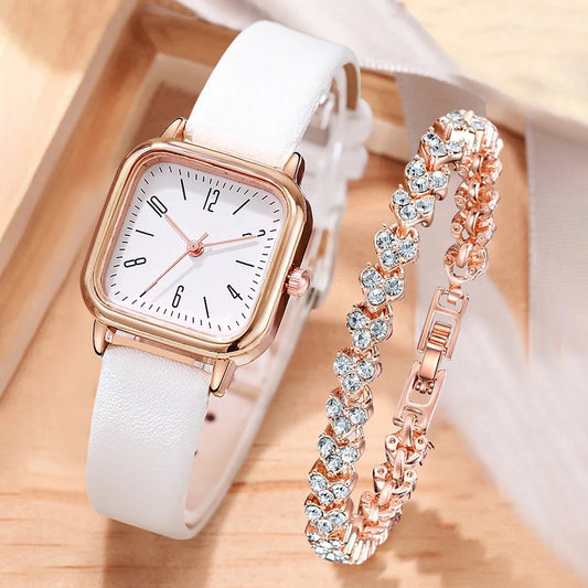 Women’s Square Watch & Bracelet Set – Fashion Quartz with Leather Strap™