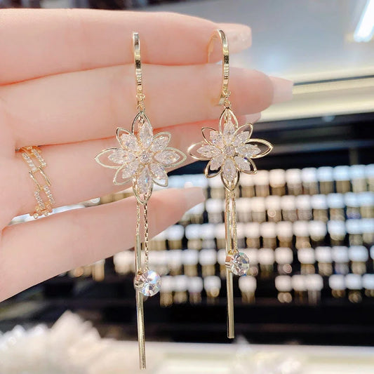 Elegant Zircon Flower Tassel Earrings – Opal Crystal Dangle Jewelry for Women™