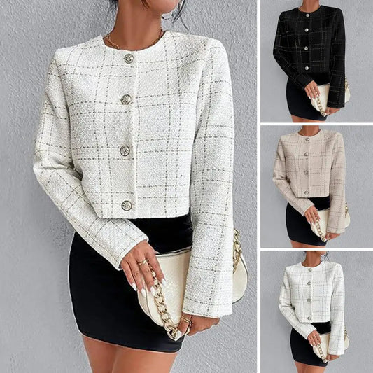 Women's Elegant Plaid Woolen Short Jacket – Collarless, Single-Breasted Spring Coat™