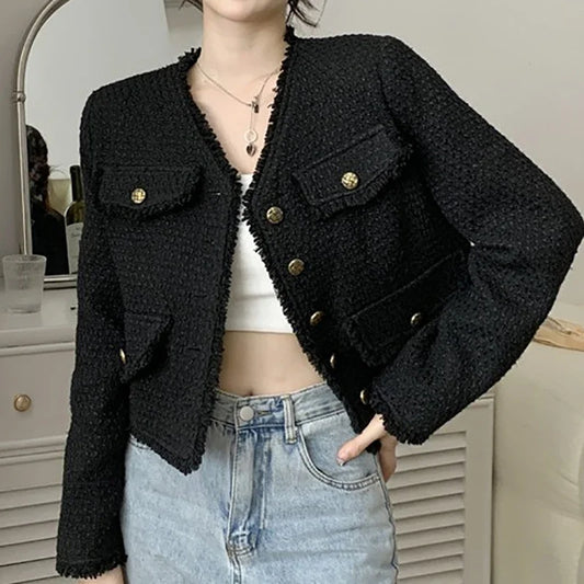 EVNISI Women's Elegant Tweed Jacket – Tassel Trim, Single-Breasted Short Coat™