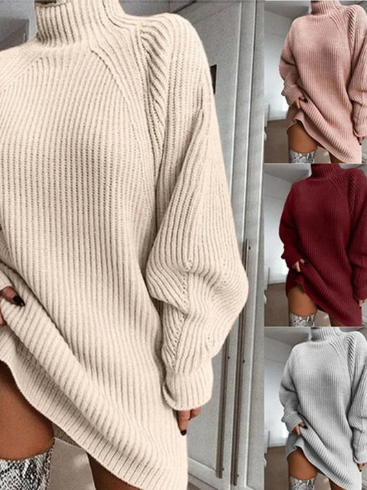 Trendy Oversized Knitted Turtleneck Sweater Dress – Long Sleeve Mini Dress for Fall/Winter™