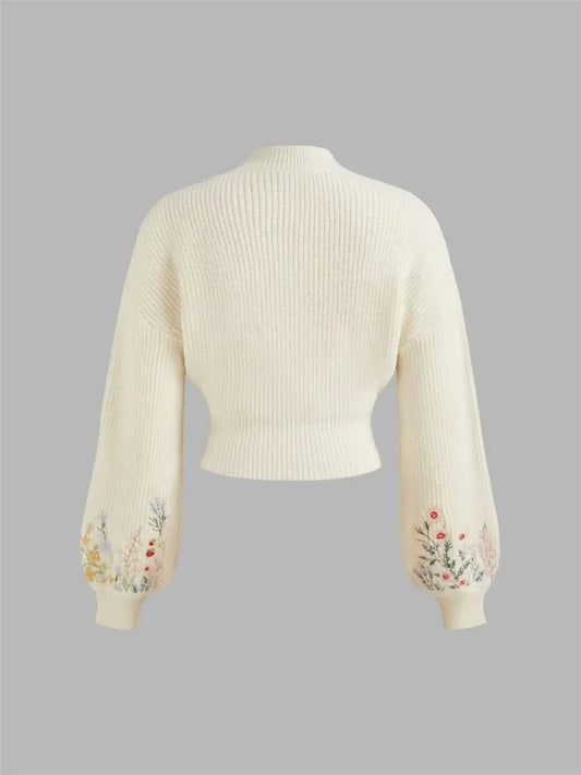 Casual Floral Embroidery Lantern Long Sleeve Sweater for Women Autumn Winter Elegant Mock Neck Cropped Knit Sweater Pullover Top