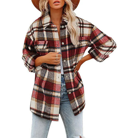 Women's Plaid Woolen Coat – Thick Long Sleeve Polo Collar Jacket™