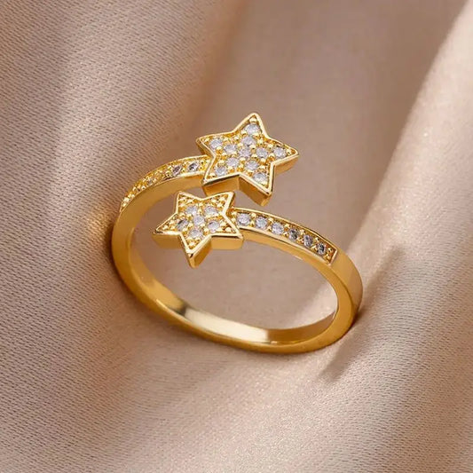 Stainless Steel Gold Zircon Double Star Ring | Y2K Trend™