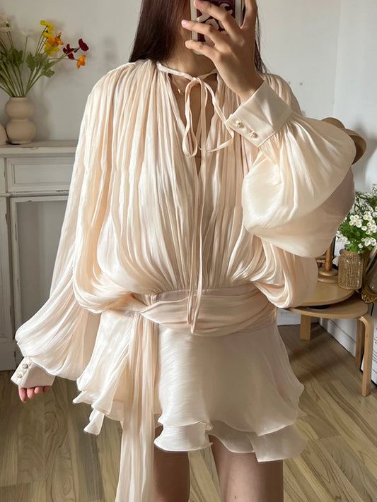 TWOTWINSTYLE Women's V-Neck Mini Dress – Long Sleeve Lace-Up A-Line Blouse Style™