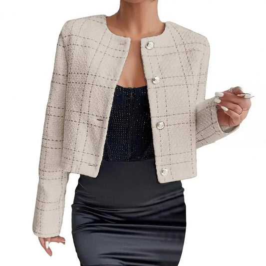 Women's Elegant Plaid Woolen Short Jacket – Collarless, Single-Breasted Spring Coat™