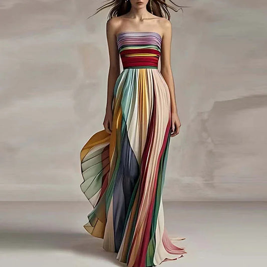 Elegant Off-Shoulder Striped Maxi Dress – Sleeveless Party Wear™